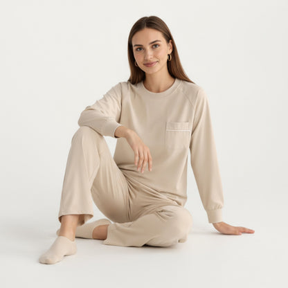 Anna-Kaci Women's 2-Piece Set Long Sleeve Top with Front Pocket and Relaxed Fit Lounge Pants