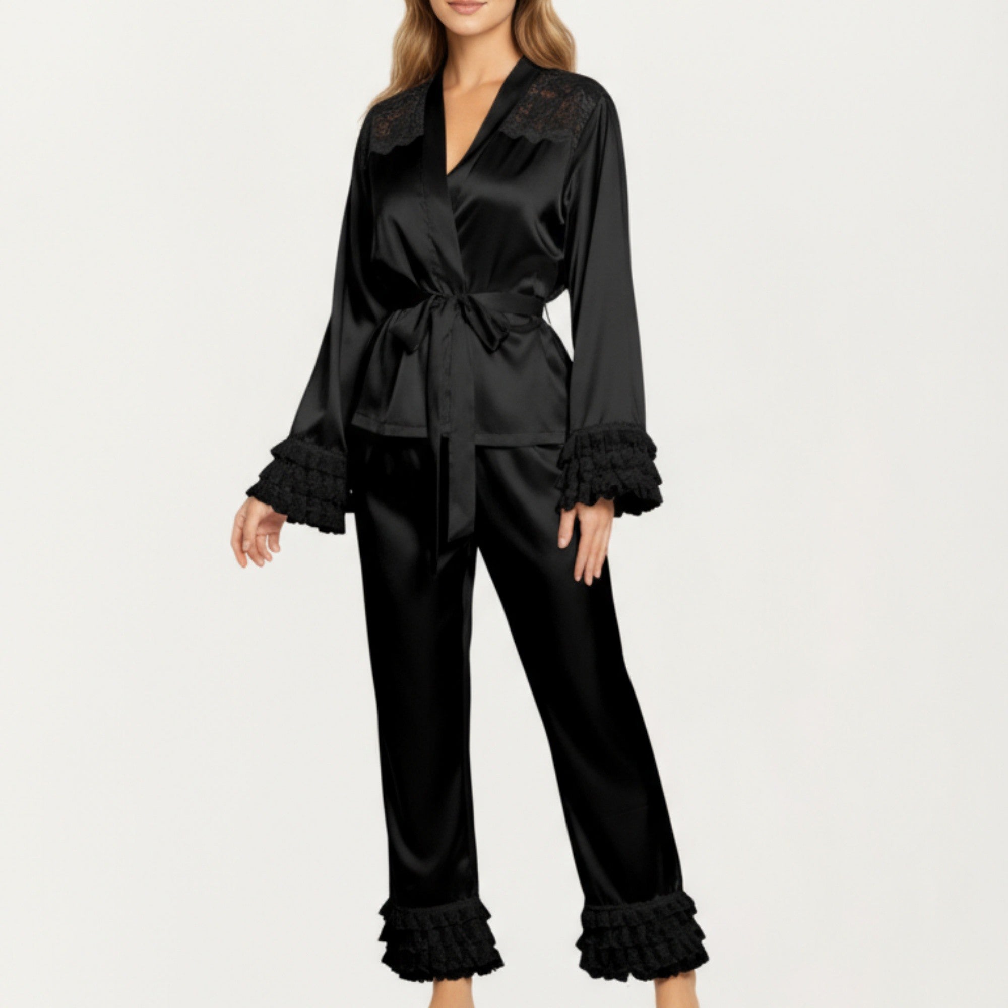 Anna-Kaci Women's 2-Piece Set Satin Lace Trim Long Sleeve Top with Tie Waist and Ruffle Hem Pants