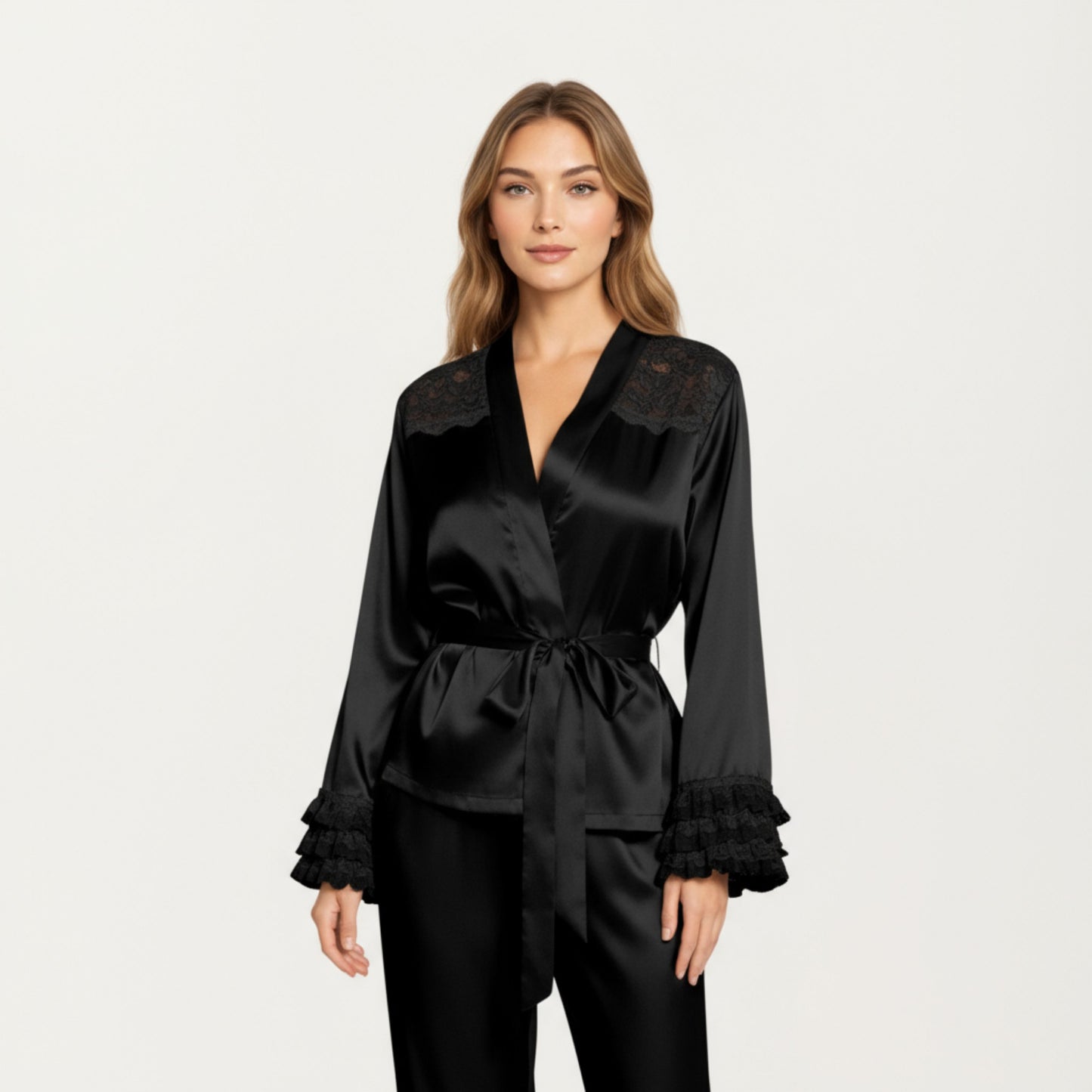 Anna-Kaci Women's 2-Piece Set Satin Lace Trim Long Sleeve Top with Tie Waist and Ruffle Hem Pants