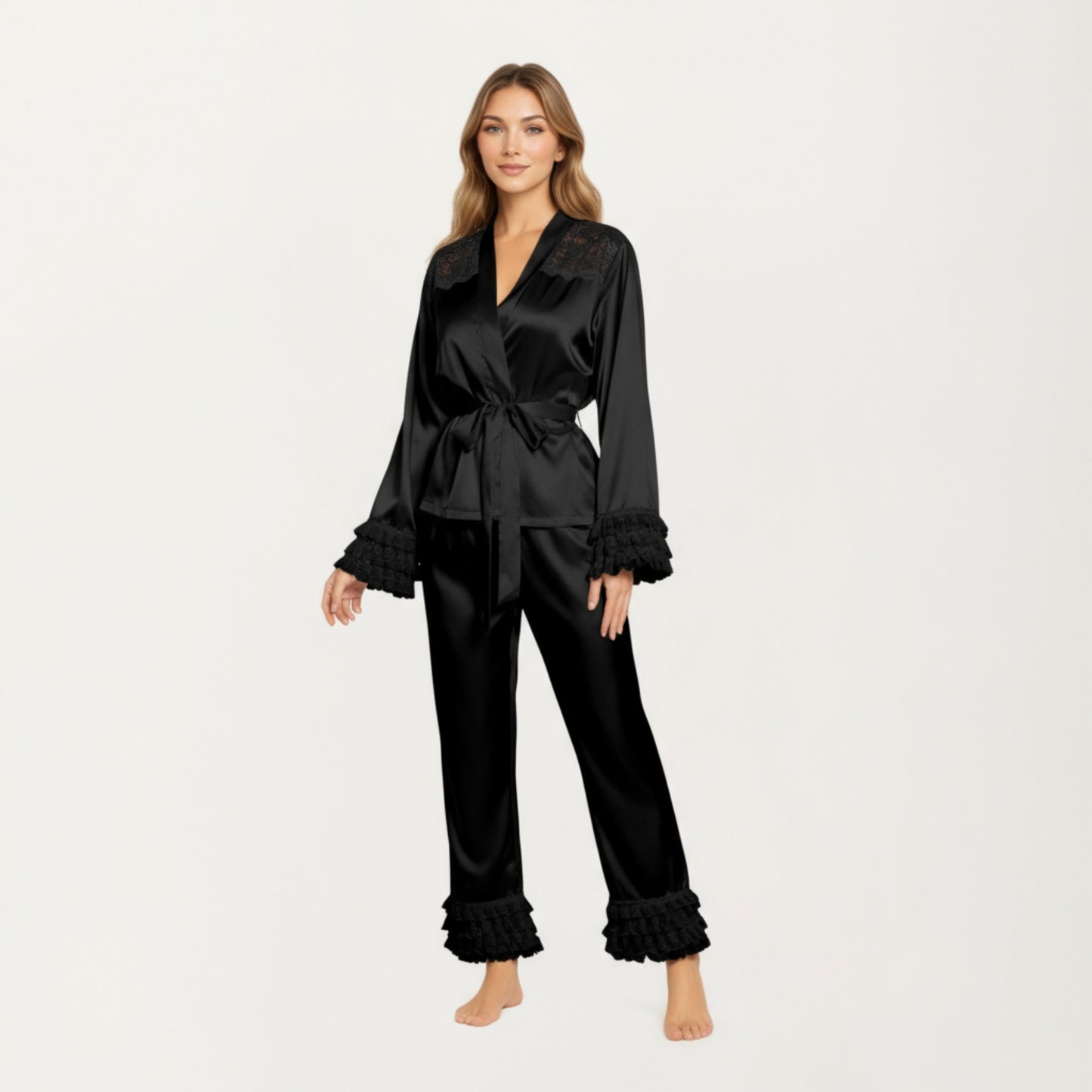 Anna-Kaci Women's 2-Piece Set Satin Lace Trim Long Sleeve Top with Tie Waist and Ruffle Hem Pants