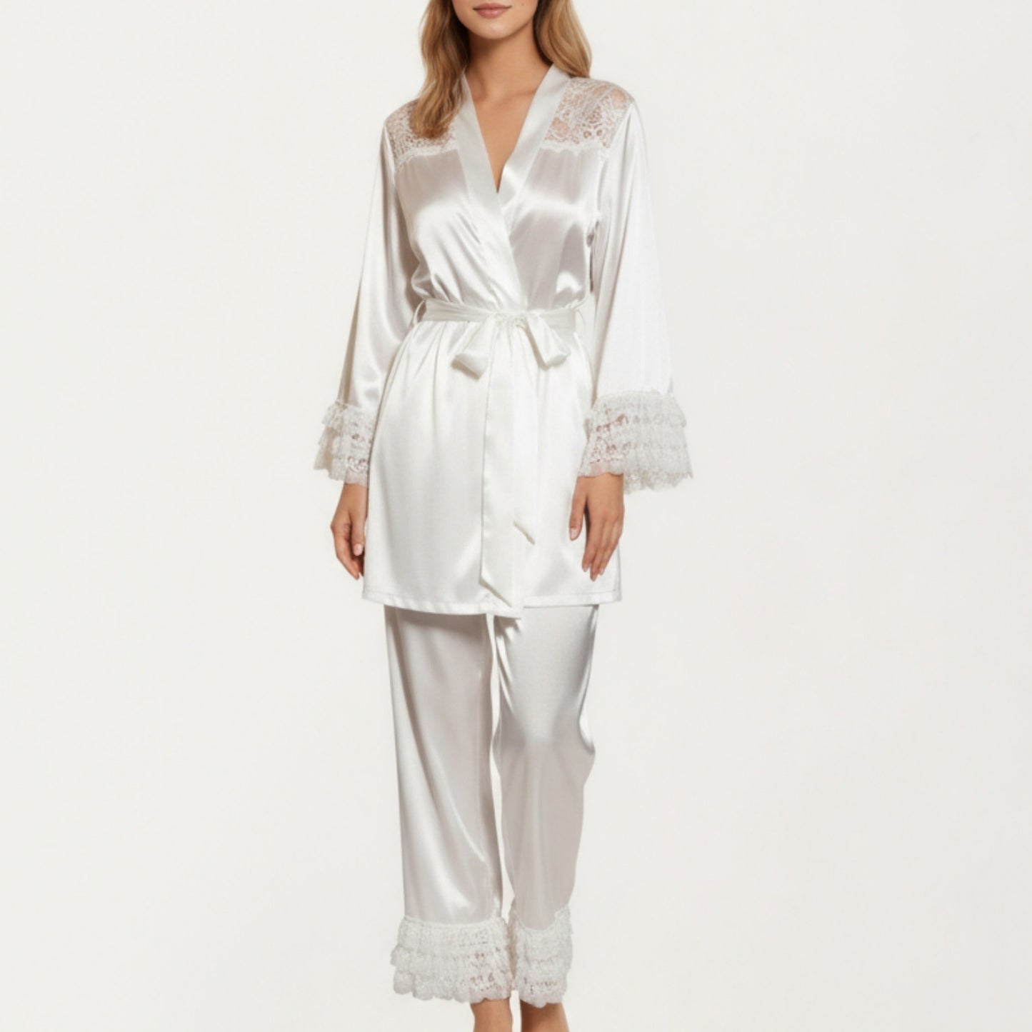 Anna-Kaci Women's 2-Piece Set Satin Lace Trim Long Sleeve Top with Tie Waist and Ruffle Hem Pants