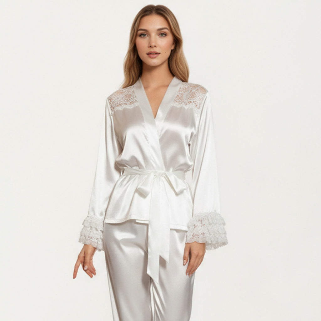 Anna-Kaci Women's 2-Piece Set Satin Lace Trim Long Sleeve Top with Tie Waist and Ruffle Hem Pants