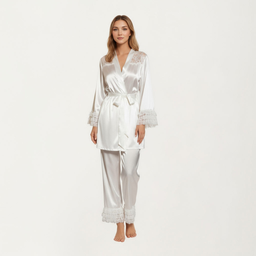 Anna-Kaci Women's 2-Piece Set Satin Lace Trim Long Sleeve Top with Tie Waist and Ruffle Hem Pants