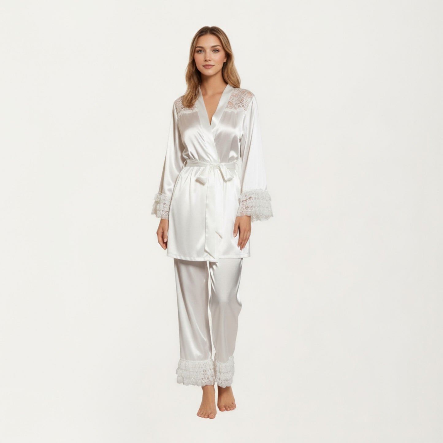 Anna-Kaci Women's 2-Piece Set Satin Lace Trim Long Sleeve Top with Tie Waist and Ruffle Hem Pants