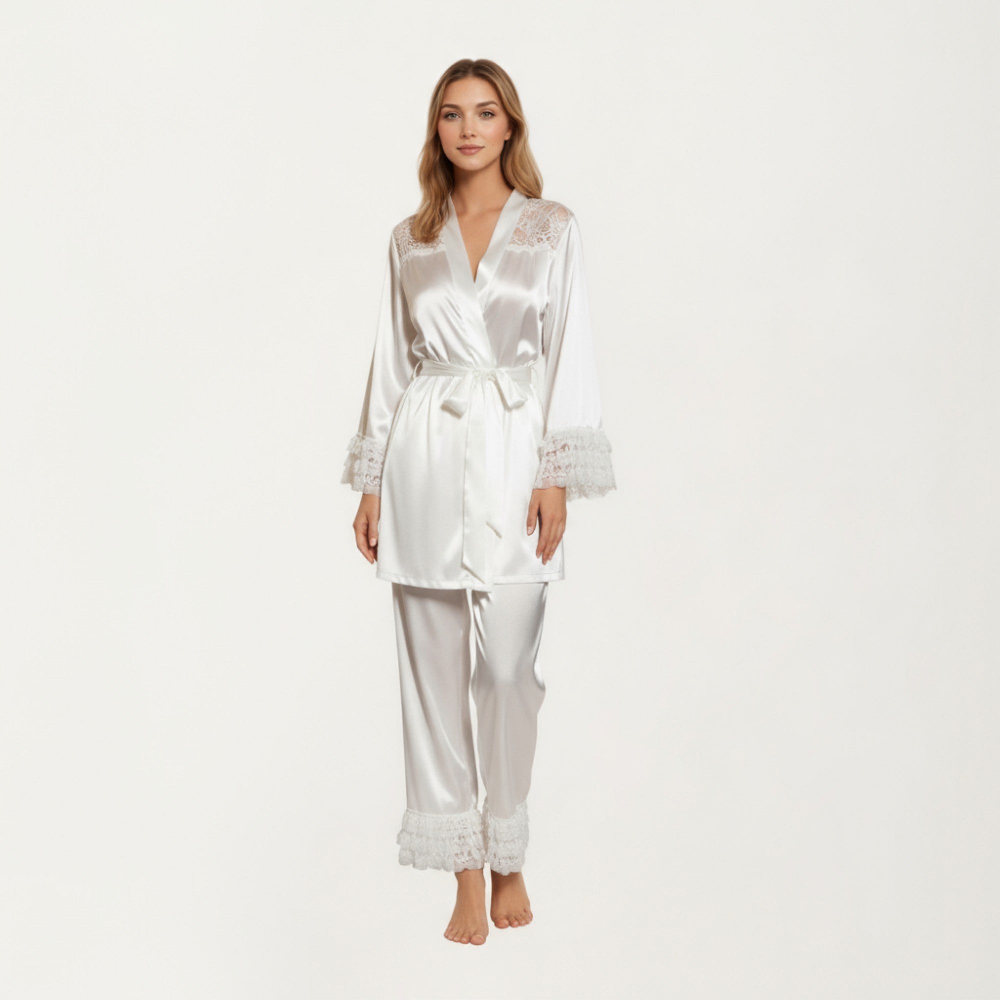 Anna-Kaci Women's 2-Piece Set Satin Lace Trim Long Sleeve Top with Tie Waist and Ruffle Hem Pants