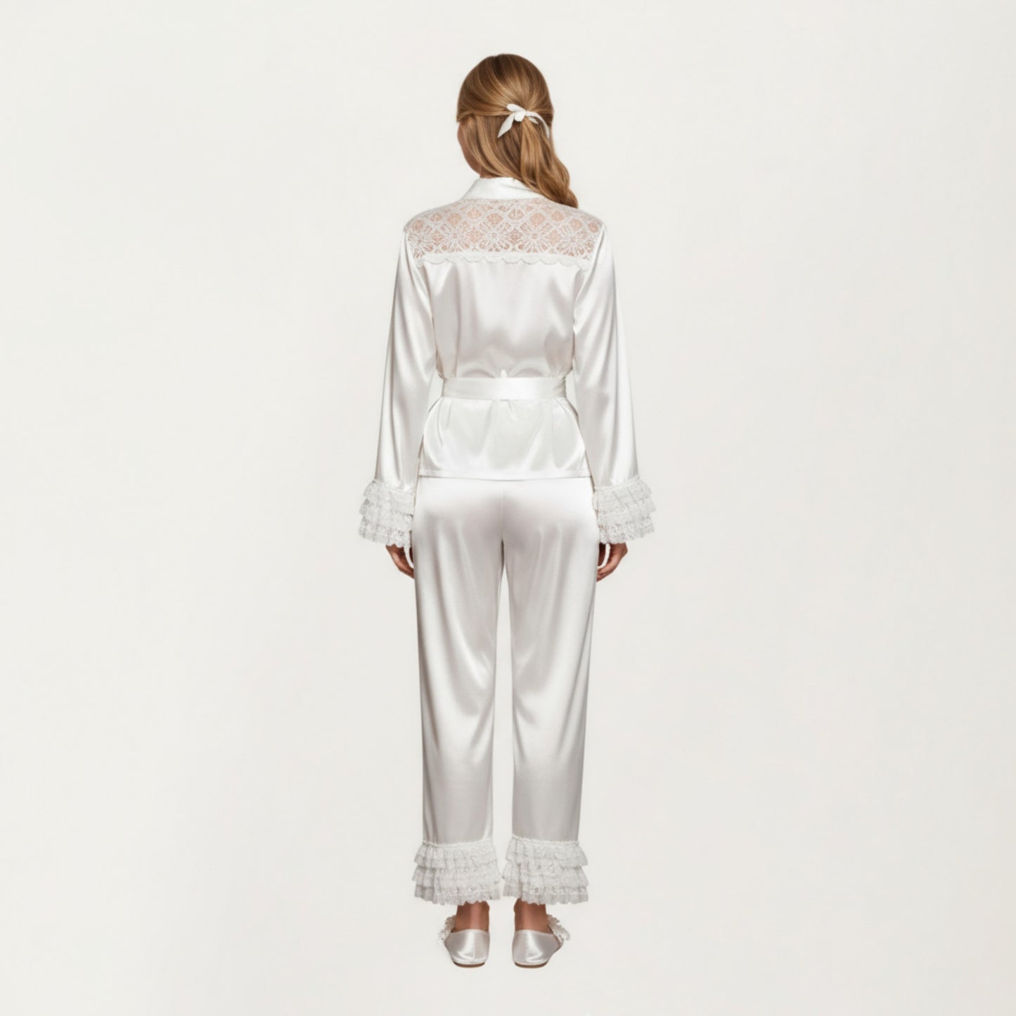 Anna-Kaci Women's 2-Piece Set Satin Lace Trim Long Sleeve Top with Tie Waist and Ruffle Hem Pants