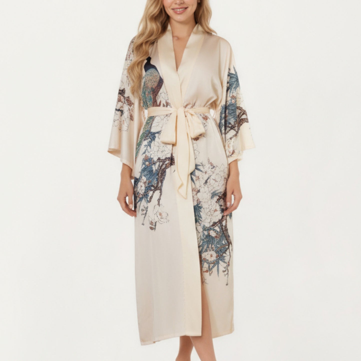 Anna-Kaci Women's Long Satin Kimono Robe with Tie Waist and Artistic Floral Print