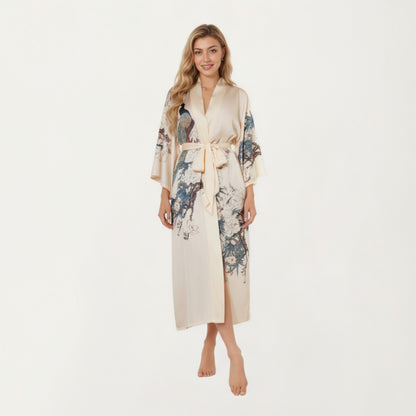 Anna-Kaci Women's Long Satin Kimono Robe with Tie Waist and Artistic Floral Print