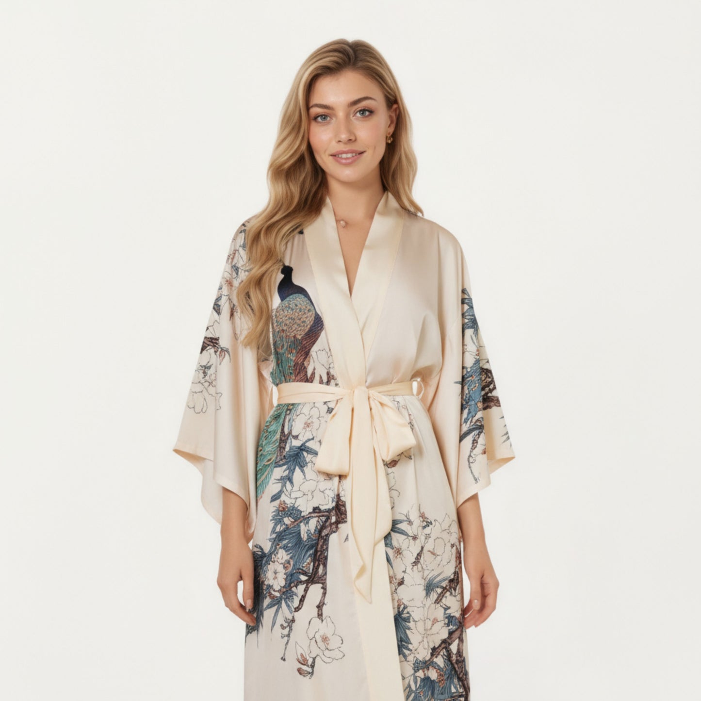 Anna-Kaci Women's Long Satin Kimono Robe with Tie Waist and Artistic Floral Print