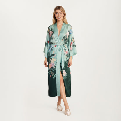 Anna-Kaci Women's Long Satin Kimono Robe with Tie Waist and Artistic Floral Print