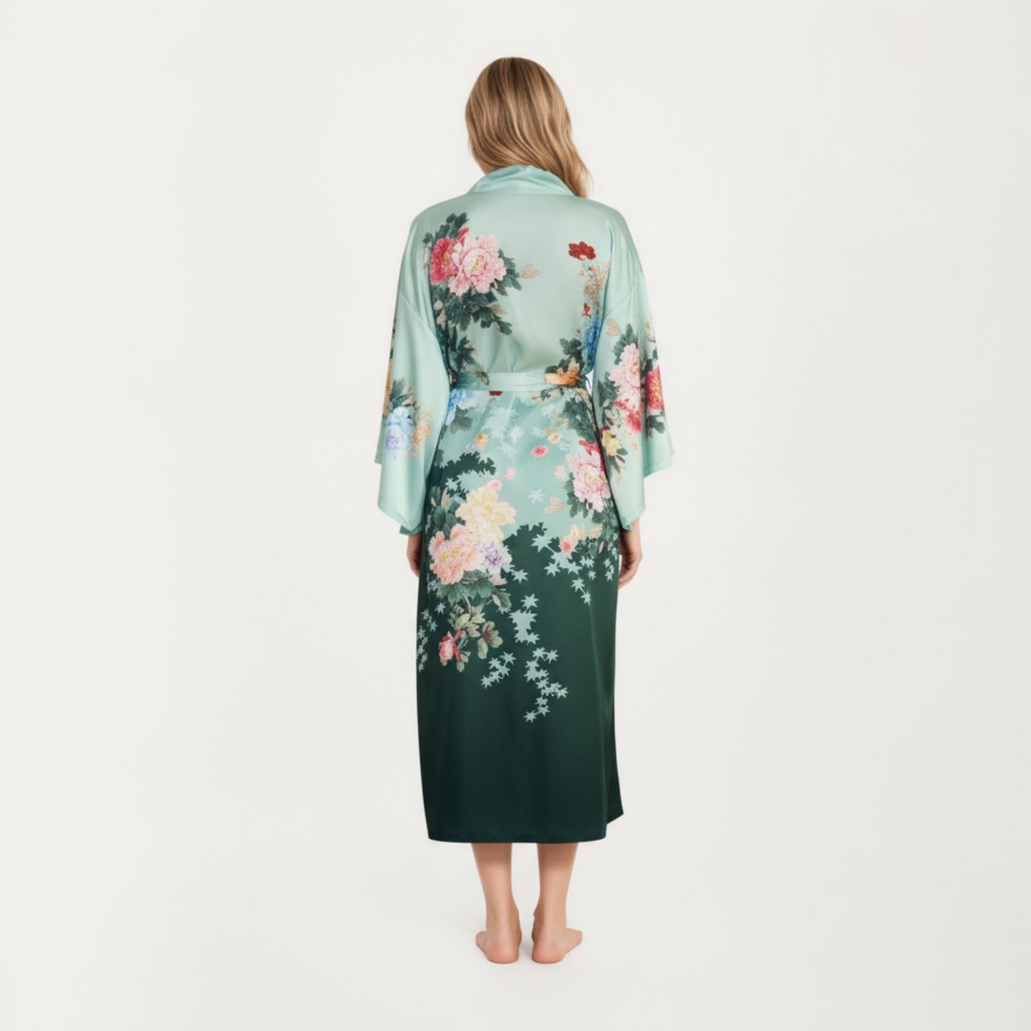 Anna-Kaci Women's Long Satin Kimono Robe with Tie Waist and Artistic Floral Print