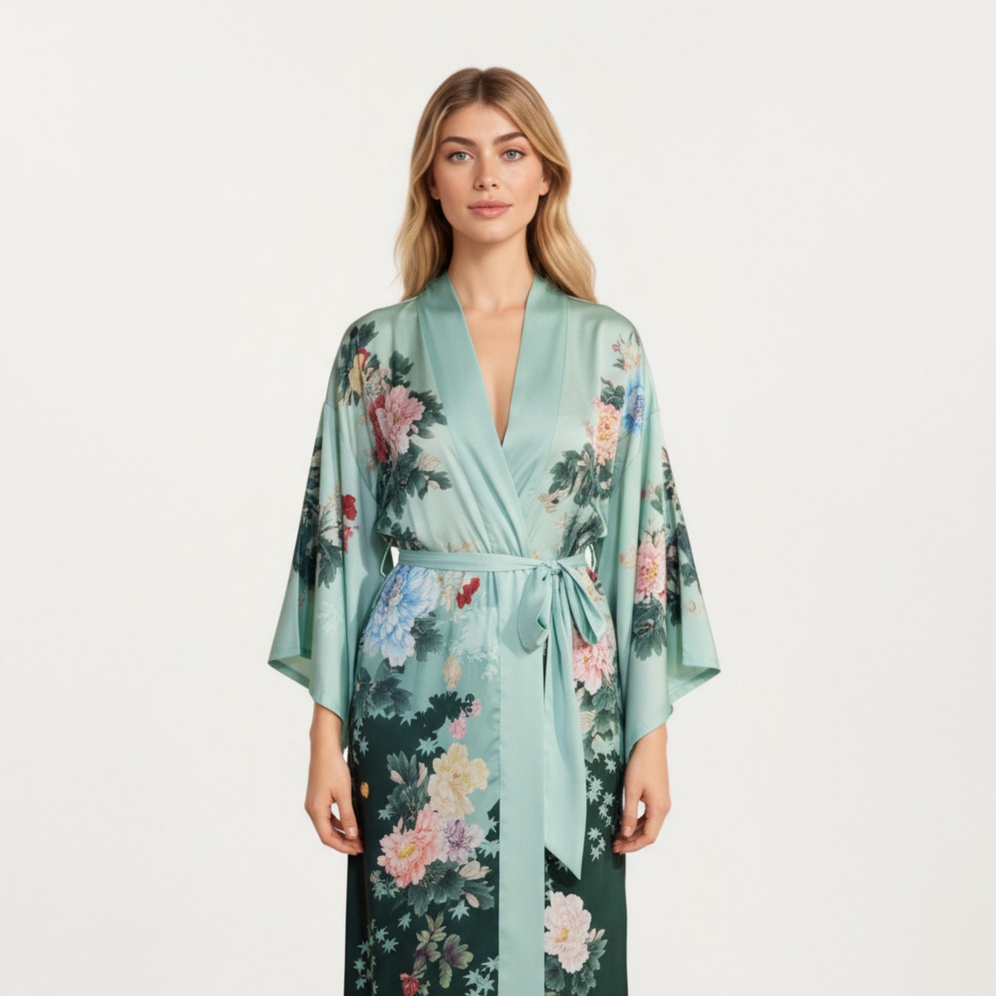 Anna-Kaci Women's Long Satin Kimono Robe with Tie Waist and Artistic Floral Print