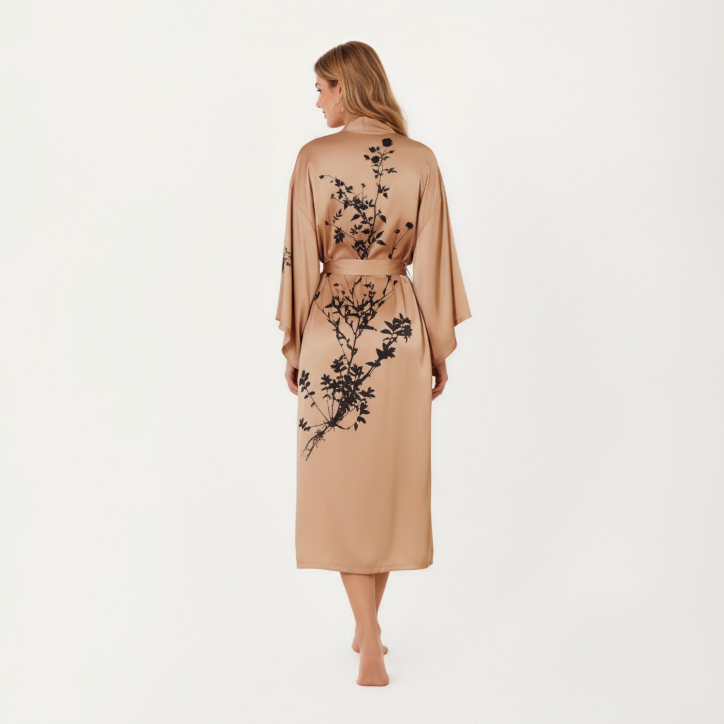 Anna-Kaci Women's Long Satin Kimono Robe with Tie Waist and Artistic Floral Print