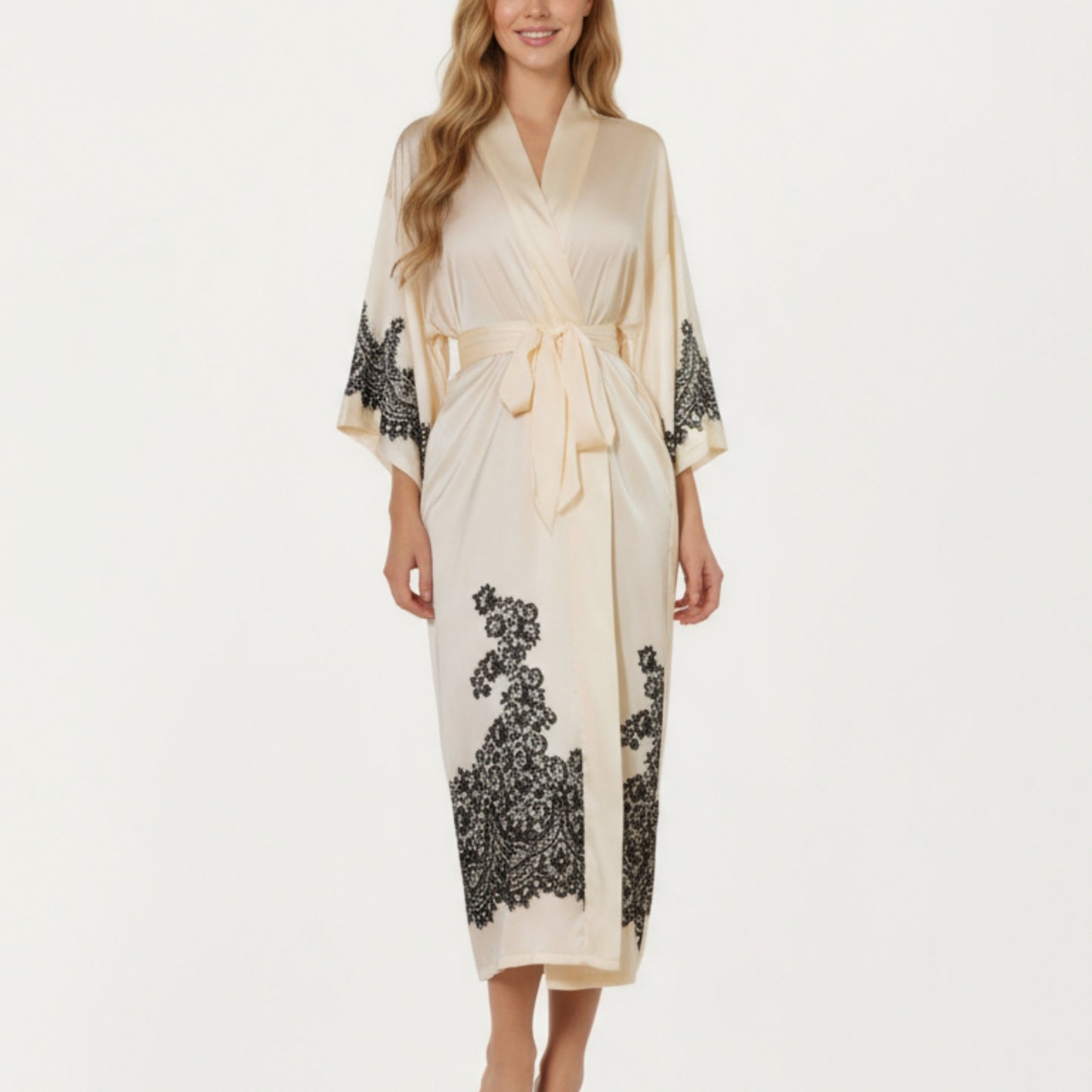 Anna-Kaci Women's Long Satin Kimono Robe with Tie Waist and Artistic Floral Print