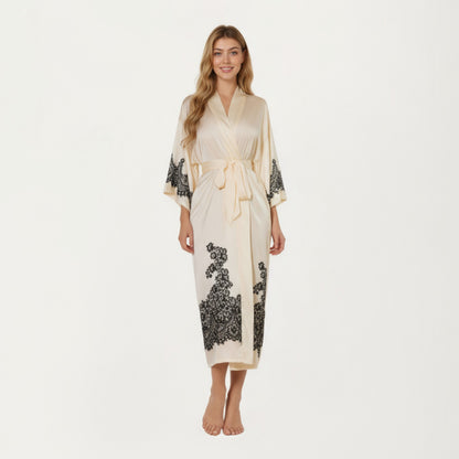 Anna-Kaci Women's Long Satin Kimono Robe with Tie Waist and Artistic Floral Print