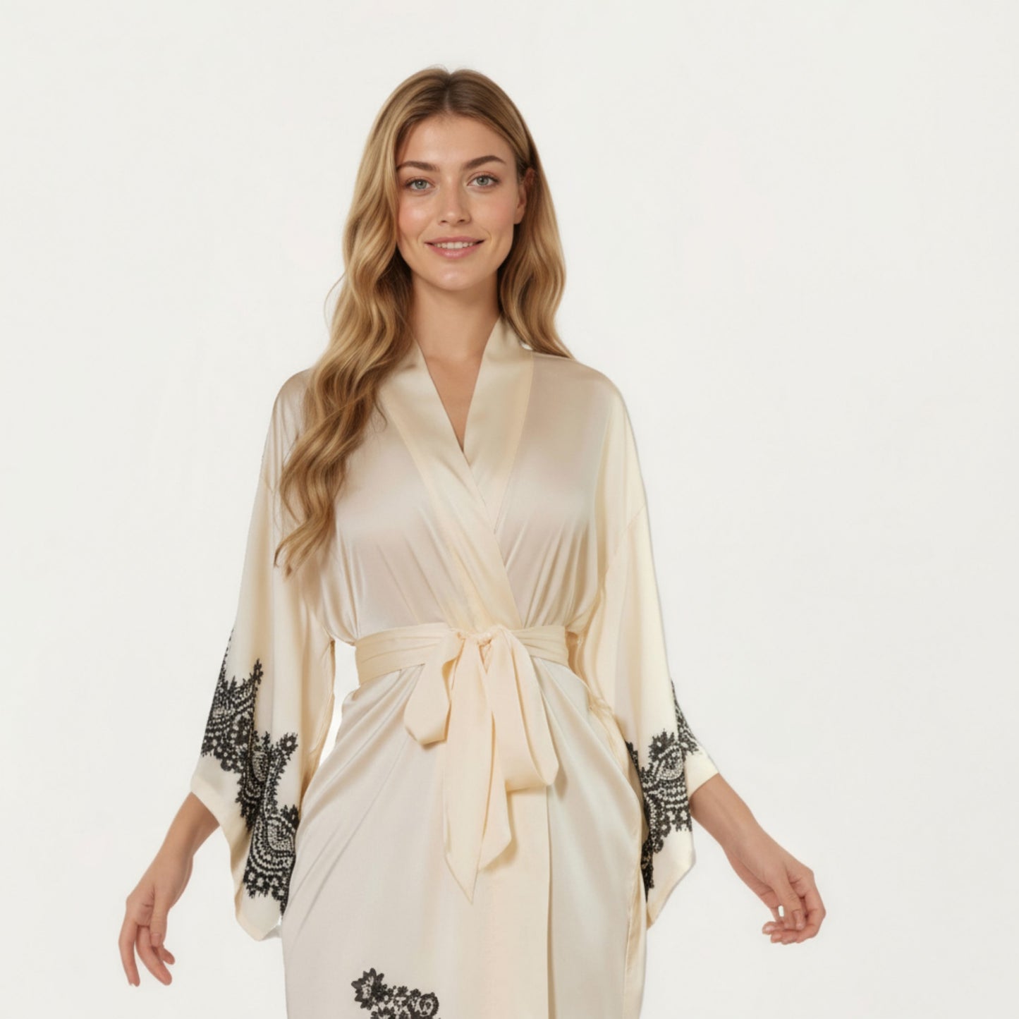 Anna-Kaci Women's Long Satin Kimono Robe with Tie Waist and Artistic Floral Print