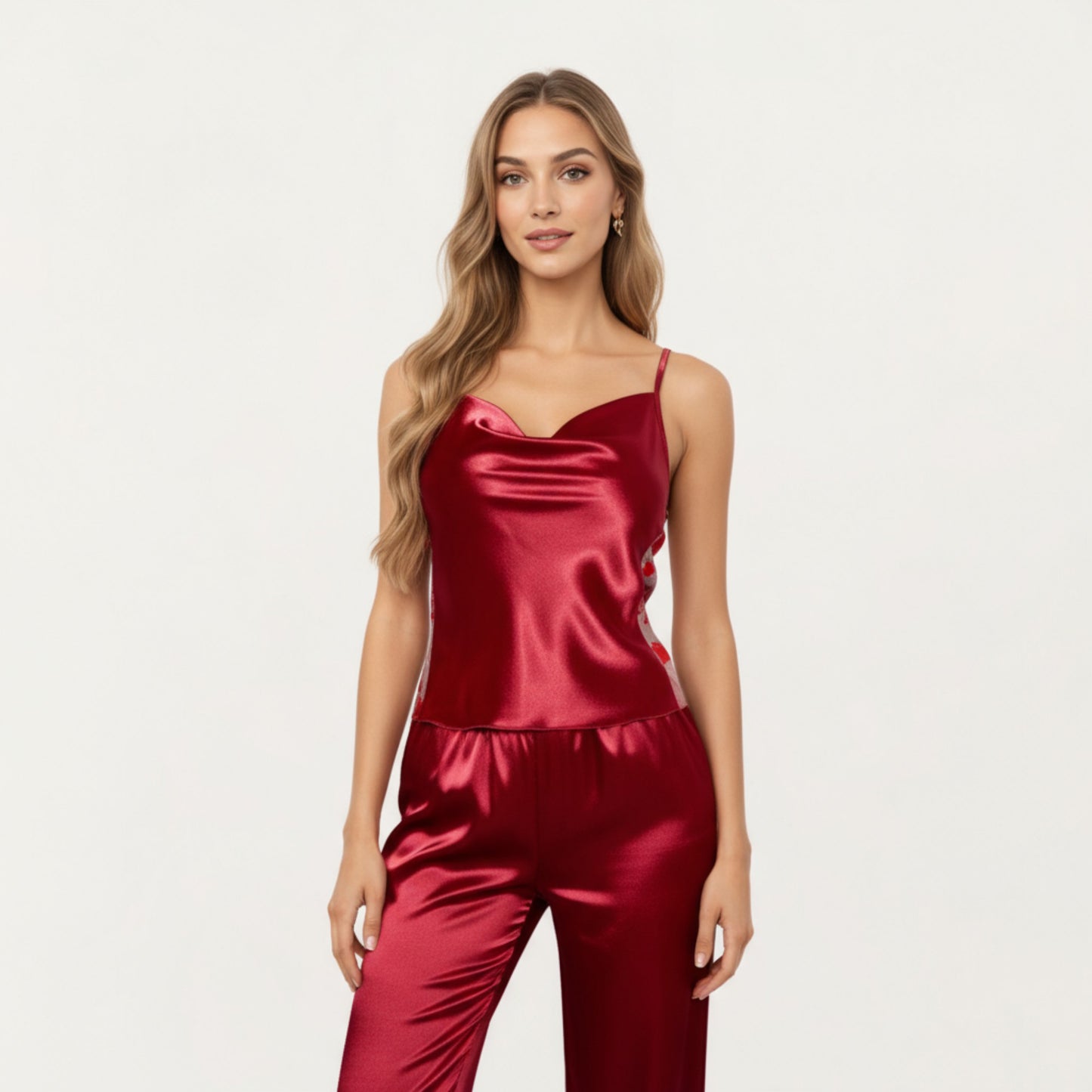 Anna-Kaci Women's 2-Piece Set Satin Cowl Neck Camisole Top with Adjustable Straps and Straight-Leg Pants