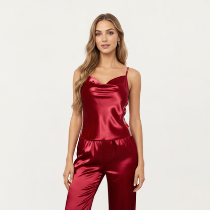 Anna-Kaci Women's 2-Piece Set Satin Cowl Neck Camisole Top with Adjustable Straps and Straight-Leg Pants