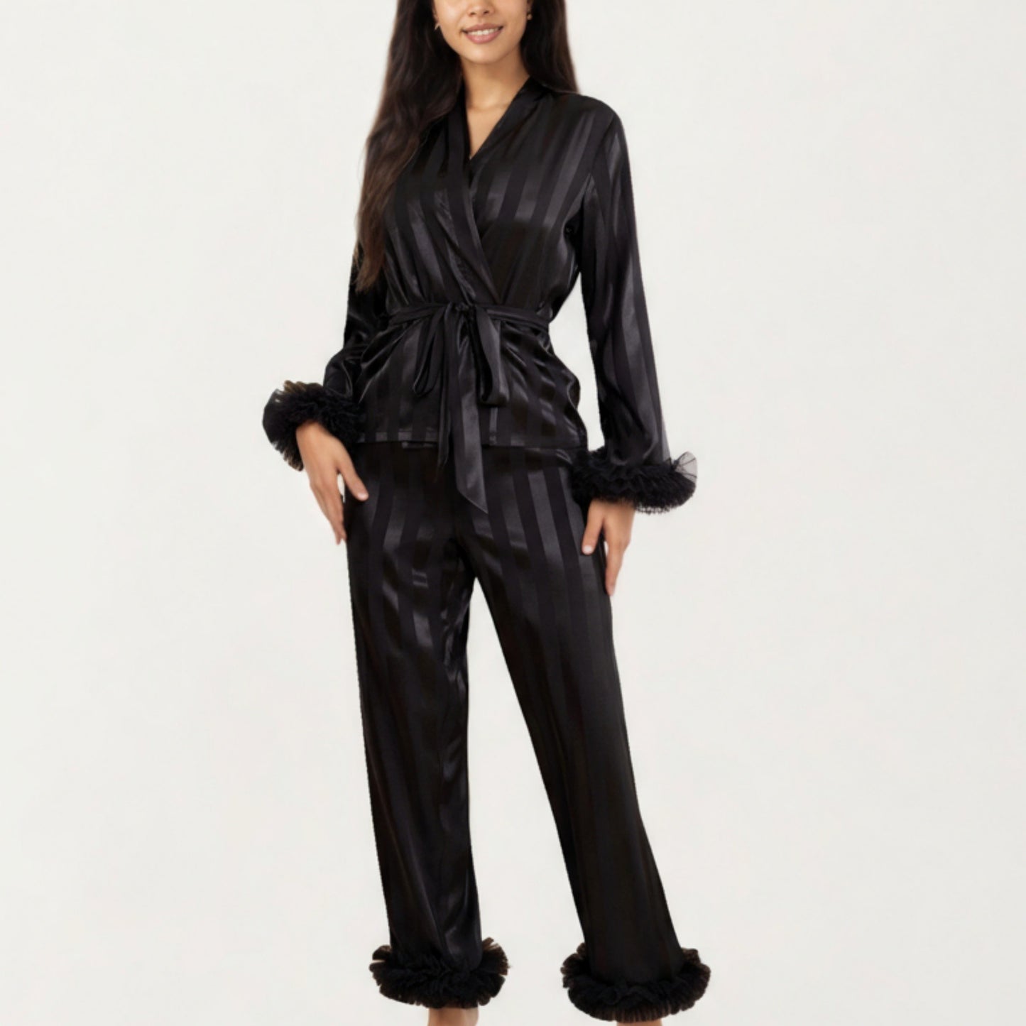 Anna-Kaci Women's 2-Piece Set Satin Wrap Top with Feather Trim Cuffs and Matching Straight-Leg Pants