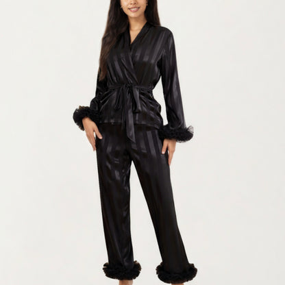 Anna-Kaci Women's 2-Piece Set Satin Wrap Top with Feather Trim Cuffs and Matching Straight-Leg Pants