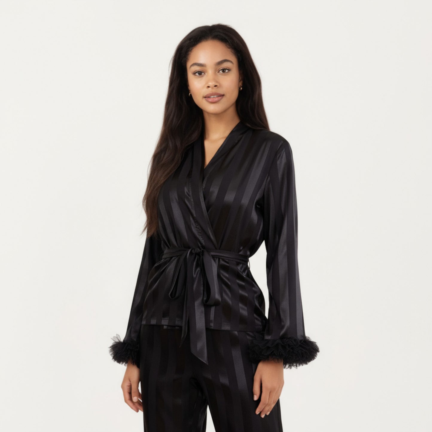 Anna-Kaci Women's 2-Piece Set Satin Wrap Top with Feather Trim Cuffs and Matching Straight-Leg Pants