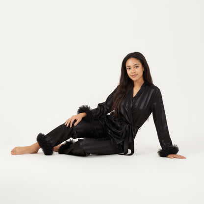 Anna-Kaci Women's 2-Piece Set Satin Wrap Top with Feather Trim Cuffs and Matching Straight-Leg Pants