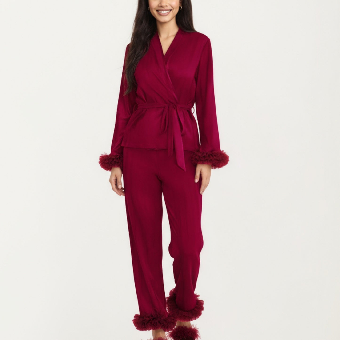 Anna-Kaci Women's 2-Piece Set Satin Wrap Top with Feather Trim Cuffs and Matching Straight-Leg Pants