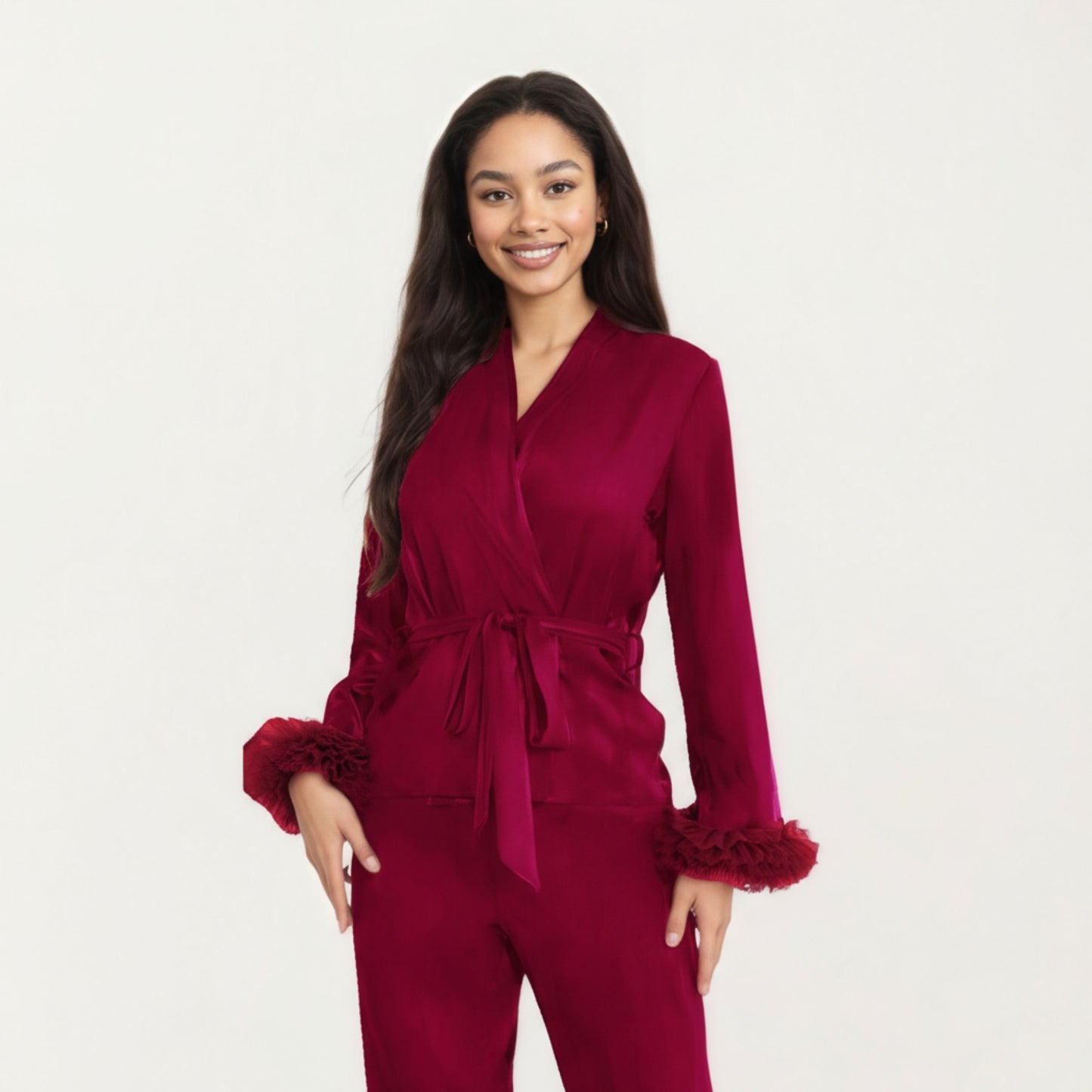 Anna-Kaci Women's 2-Piece Set Satin Wrap Top with Feather Trim Cuffs and Matching Straight-Leg Pants