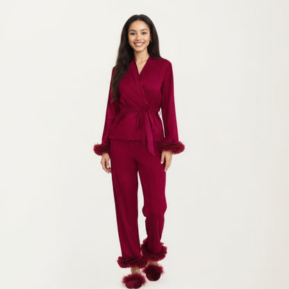 Anna-Kaci Women's 2-Piece Set Satin Wrap Top with Feather Trim Cuffs and Matching Straight-Leg Pants