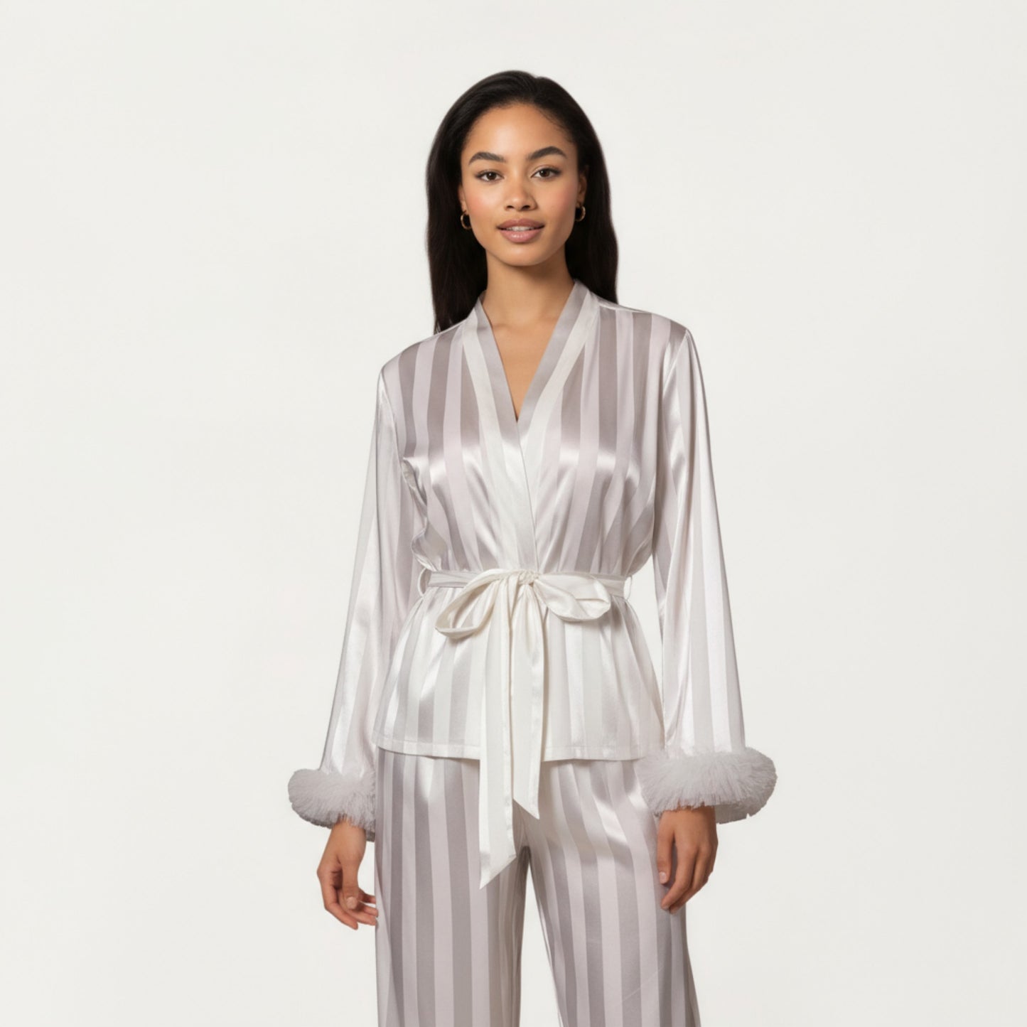 Anna-Kaci Women's 2-Piece Set Satin Wrap Top with Feather Trim Cuffs and Matching Straight-Leg Pants