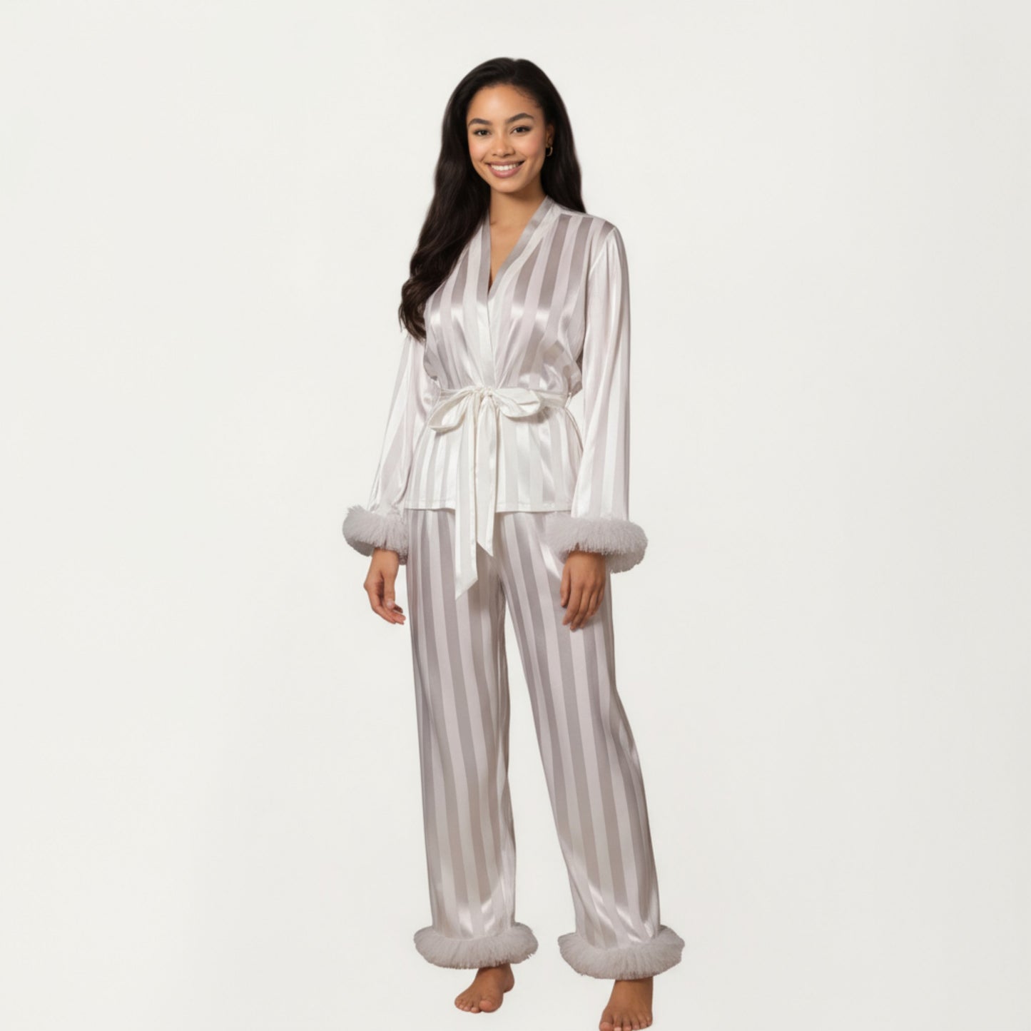 Anna-Kaci Women's 2-Piece Set Satin Wrap Top with Feather Trim Cuffs and Matching Straight-Leg Pants