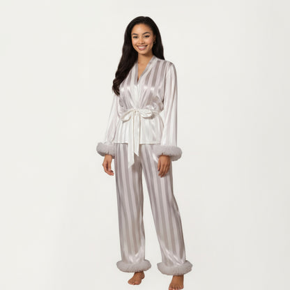 Anna-Kaci Women's 2-Piece Set Satin Wrap Top with Feather Trim Cuffs and Matching Straight-Leg Pants