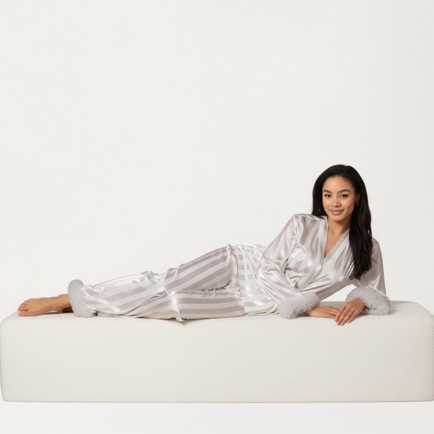 Anna-Kaci Women's 2-Piece Set Satin Wrap Top with Feather Trim Cuffs and Matching Straight-Leg Pants