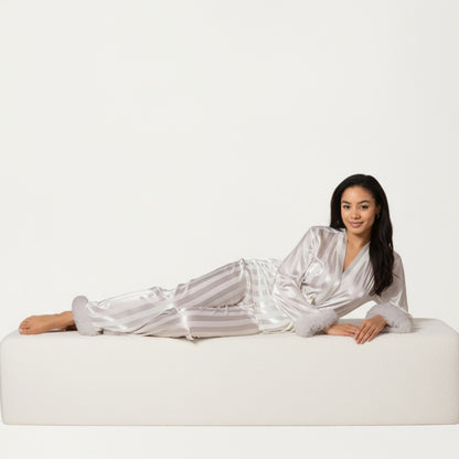 Anna-Kaci Women's 2-Piece Set Satin Wrap Top with Feather Trim Cuffs and Matching Straight-Leg Pants