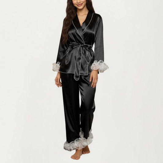 Anna-Kaci Women's 2-Piece Set Satin Wrap Top with Sheer Ruffle Trim and Matching Straight-Leg Pants