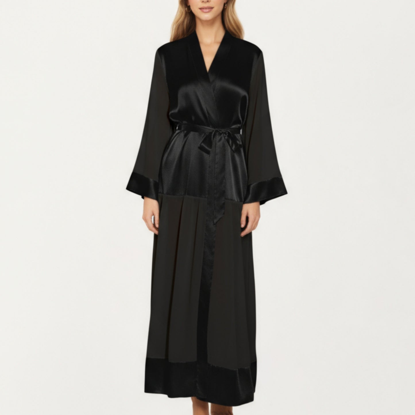 Anna-Kaci Women's Long Satin Robe with Tie Waist Belt and Wide Cuff Sleeves