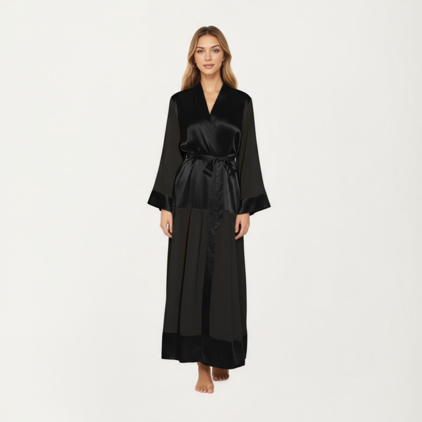 Anna-Kaci Women's Long Satin Robe with Tie Waist Belt and Wide Cuff Sleeves