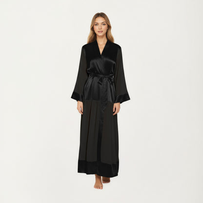 Anna-Kaci Women's Long Satin Robe with Tie Waist Belt and Wide Cuff Sleeves