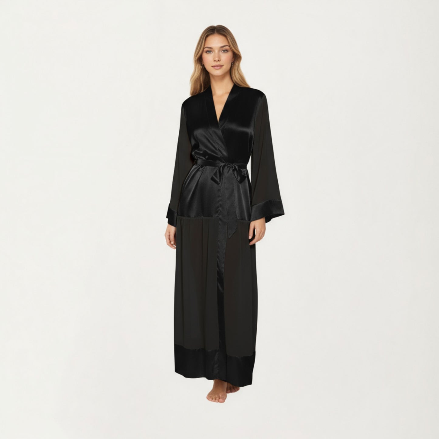 Anna-Kaci Women's Long Satin Robe with Tie Waist Belt and Wide Cuff Sleeves