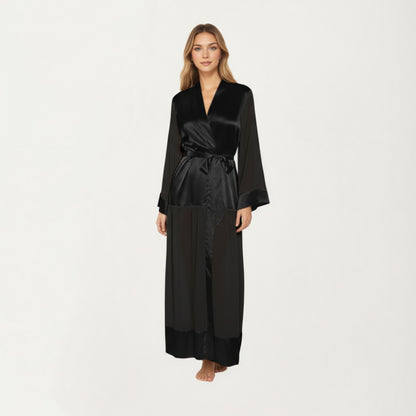 Anna-Kaci Women's Long Satin Robe with Tie Waist Belt and Wide Cuff Sleeves