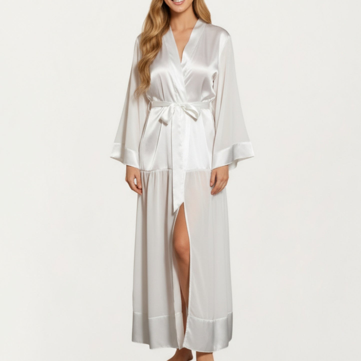 Anna-Kaci Women's Long Satin Robe with Tie Waist Belt and Wide Cuff Sleeves