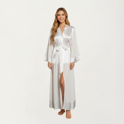 Anna-Kaci Women's Long Satin Robe with Tie Waist Belt and Wide Cuff Sleeves