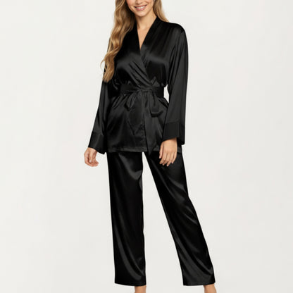 Anna-Kaci Women's 2-Piece Set Satin Wrap Top with Tie Waist and Matching Straight-Leg Pants