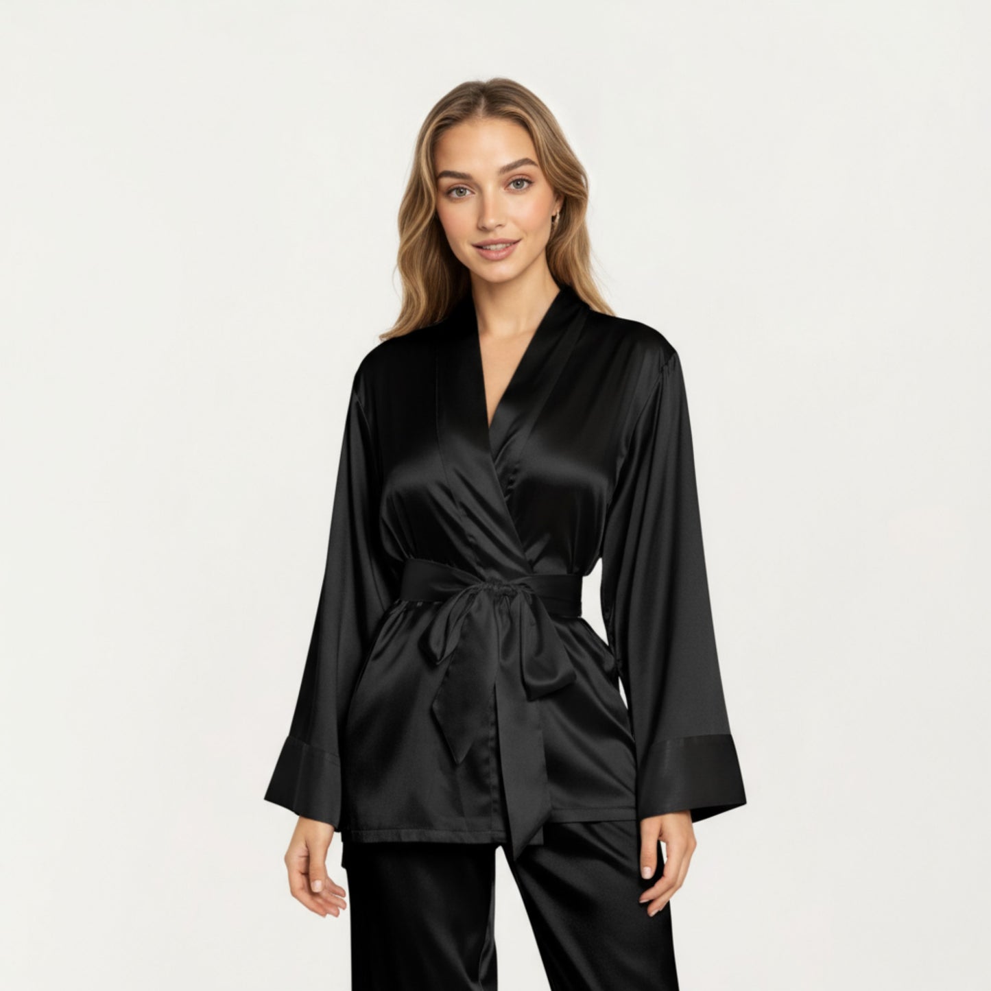 Anna-Kaci Women's 2-Piece Set Satin Wrap Top with Tie Waist and Matching Straight-Leg Pants