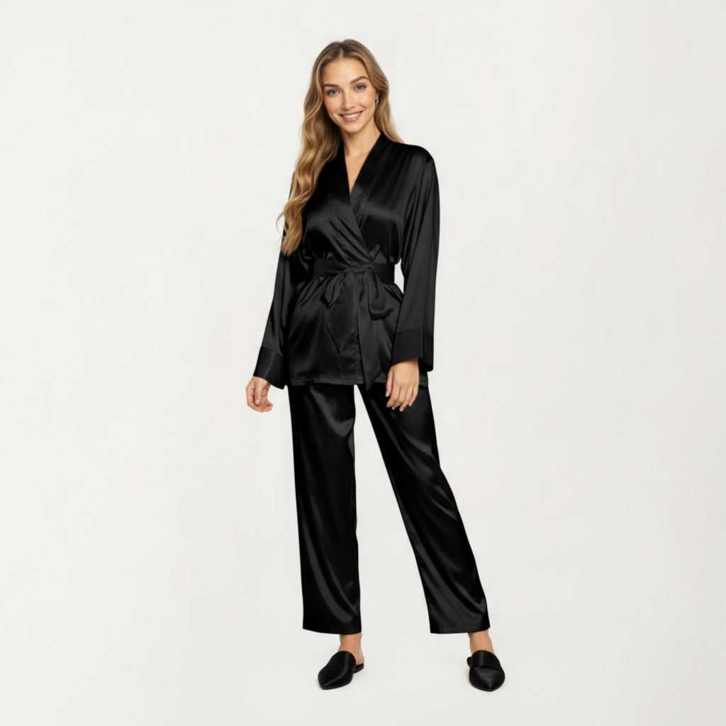 Anna-Kaci Women's 2-Piece Set Satin Wrap Top with Tie Waist and Matching Straight-Leg Pants