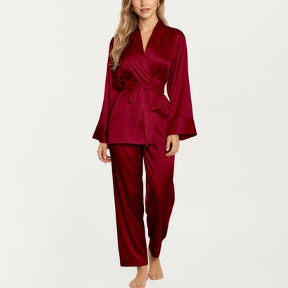 Anna-Kaci Women's 2-Piece Set Satin Wrap Top with Tie Waist and Matching Straight-Leg Pants