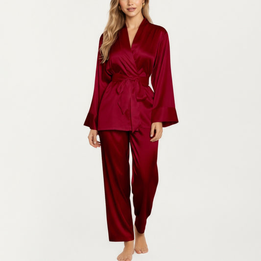 Anna-Kaci Women's 2-Piece Set Satin Wrap Top with Tie Waist and Matching Straight-Leg Pants
