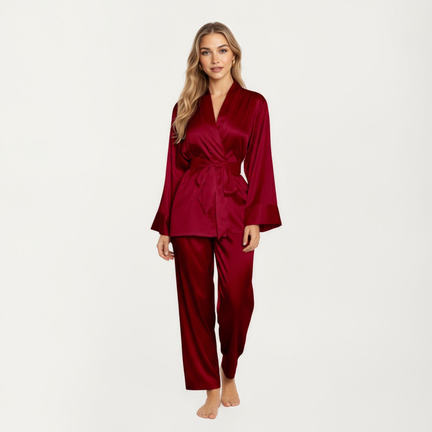 Anna-Kaci Women's 2-Piece Set Satin Wrap Top with Tie Waist and Matching Straight-Leg Pants