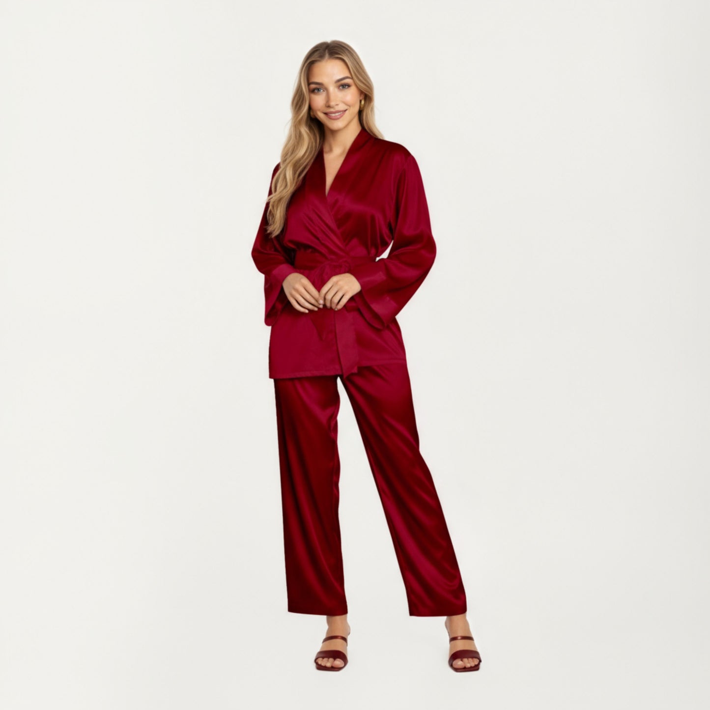 Anna-Kaci Women's 2-Piece Set Satin Wrap Top with Tie Waist and Matching Straight-Leg Pants