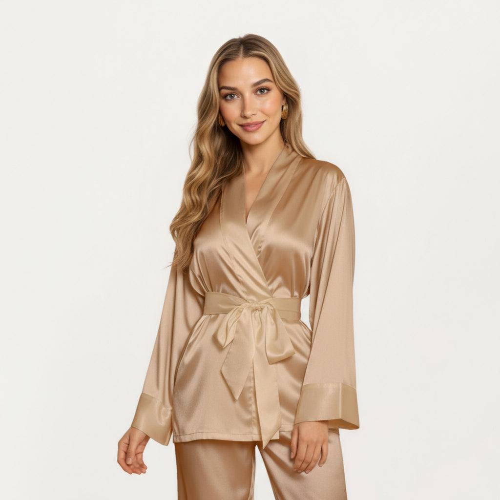 Anna-Kaci Women's 2-Piece Set Satin Wrap Top with Tie Waist and Matching Straight-Leg Pants
